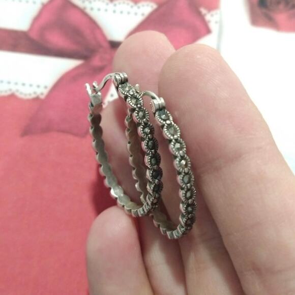 925 Sterling Silver Hoop Huggie Earrings Round Marcasites Signed A Jewelry Lot - Picture 2 of 14
